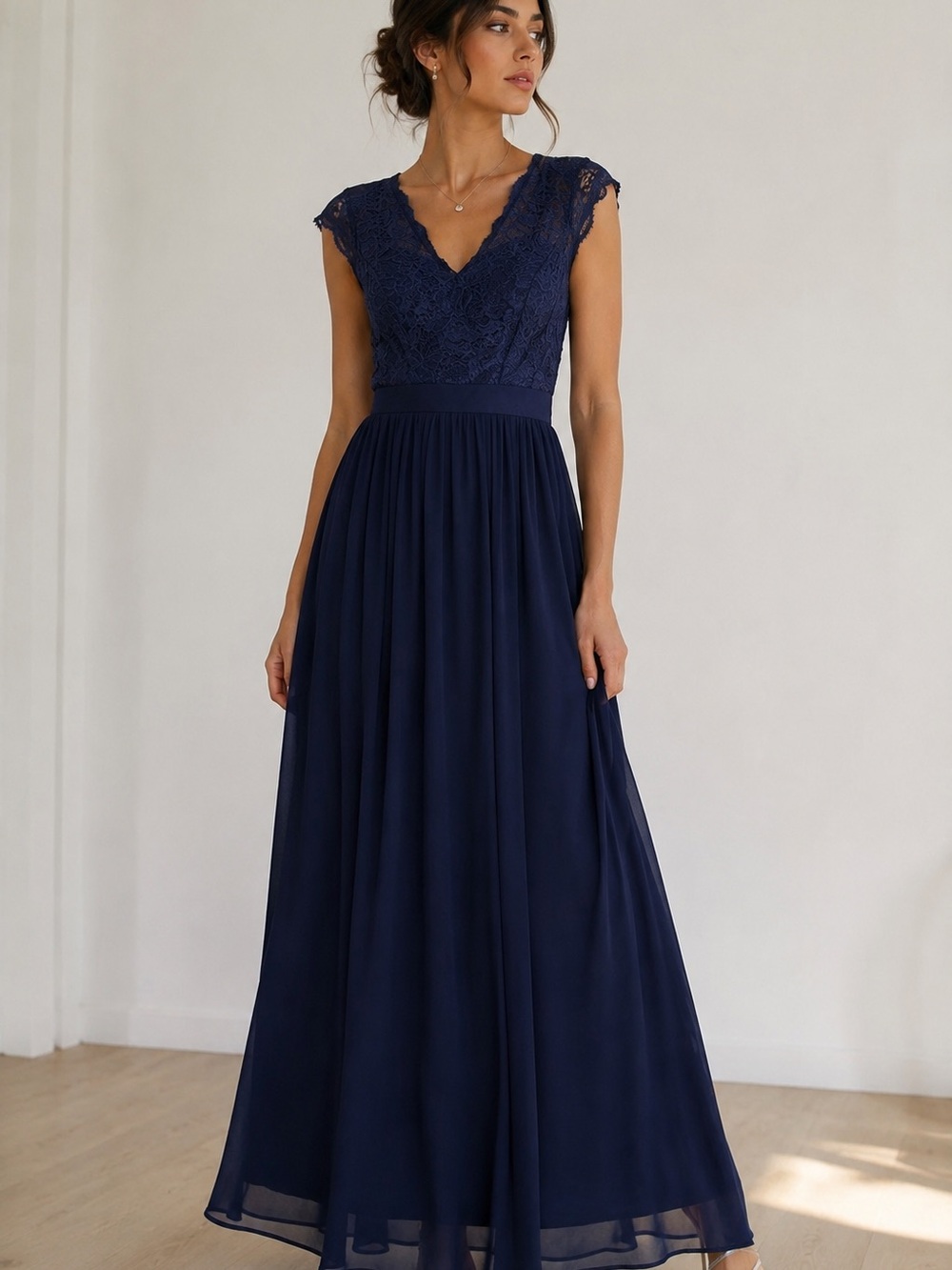 👑🦋Dressystar Navy Blue Lace Chiffon Maxi Formal Dress NWT Size S